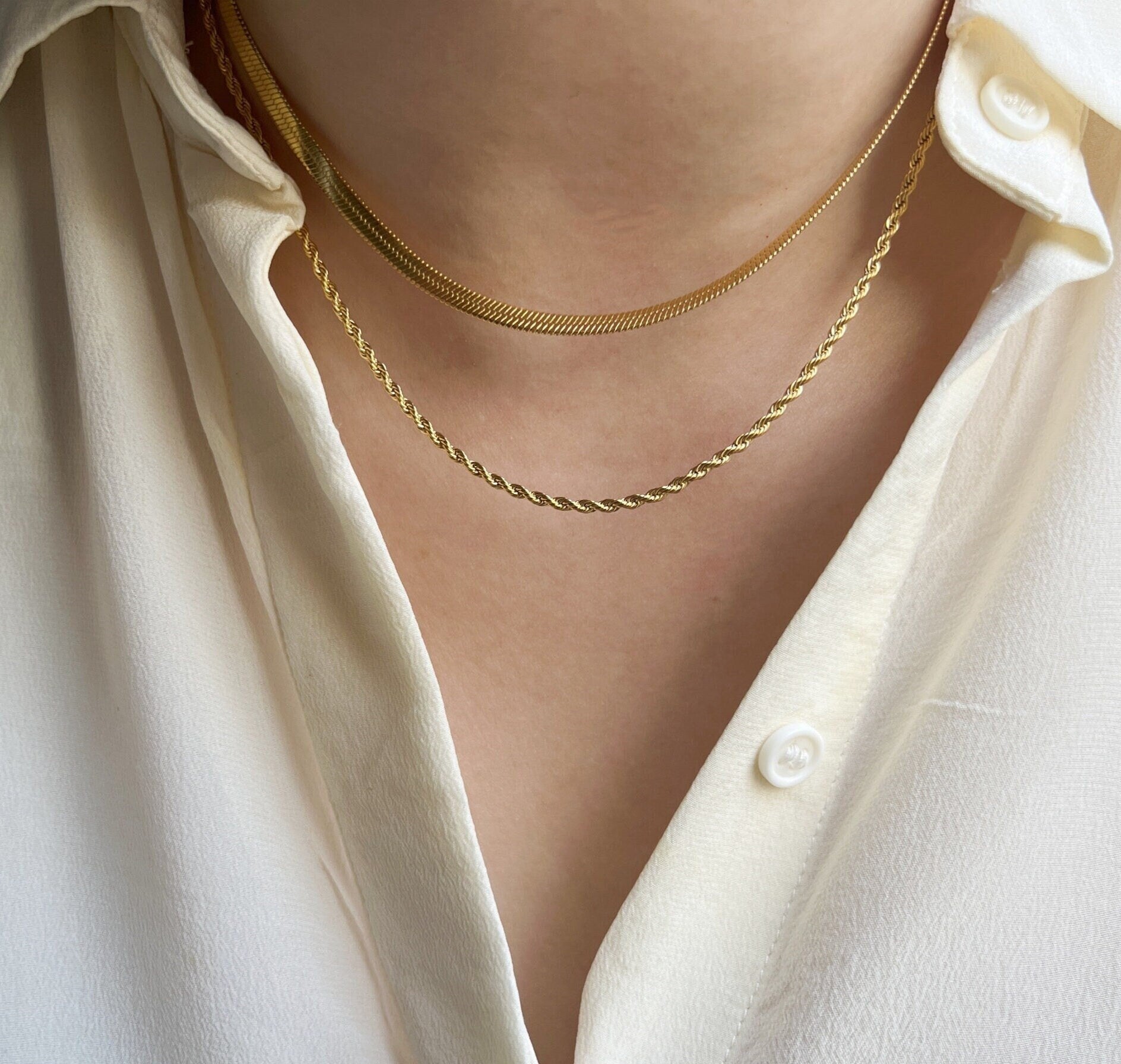 Dainty Gold Double Strands Snake ans Twisted Choker Necklace