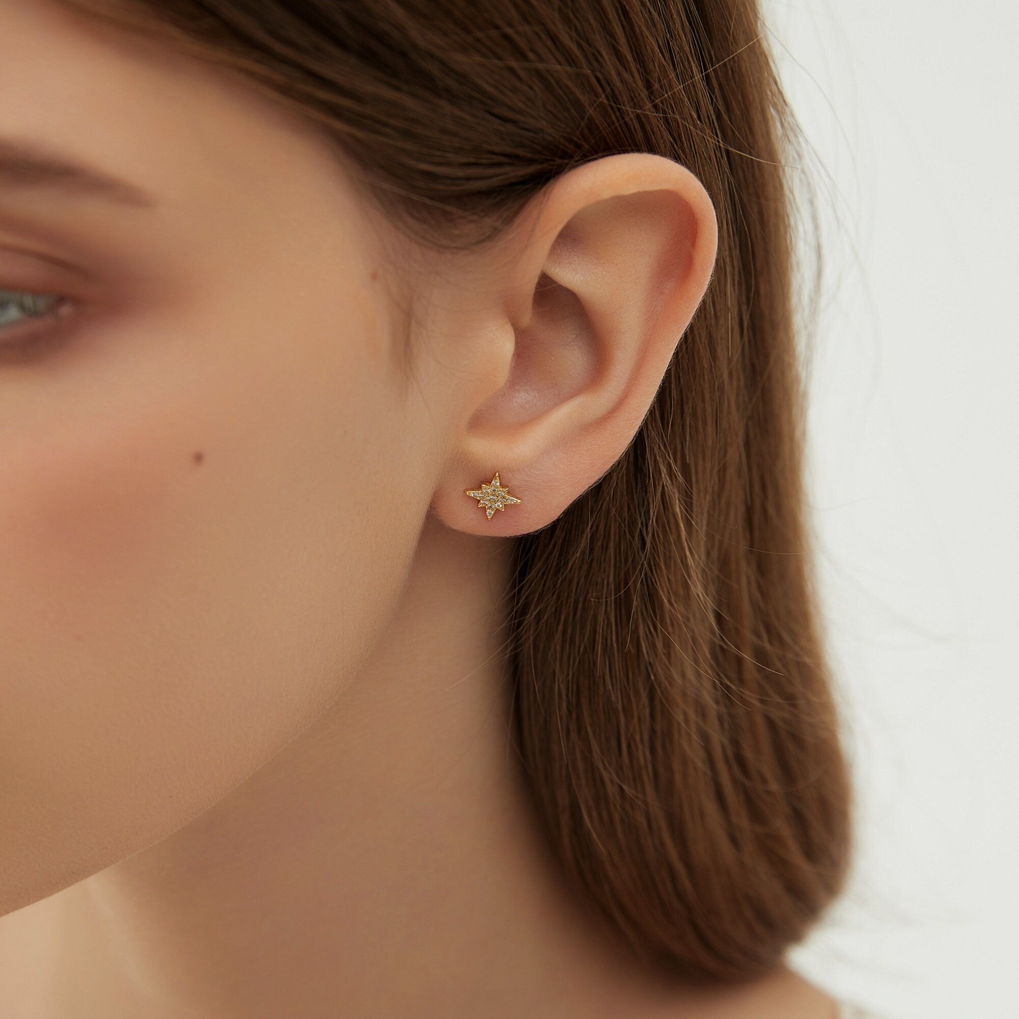 CZ North Star Studs Earrings, Minimal Gold or Silver Star Tragus Earring