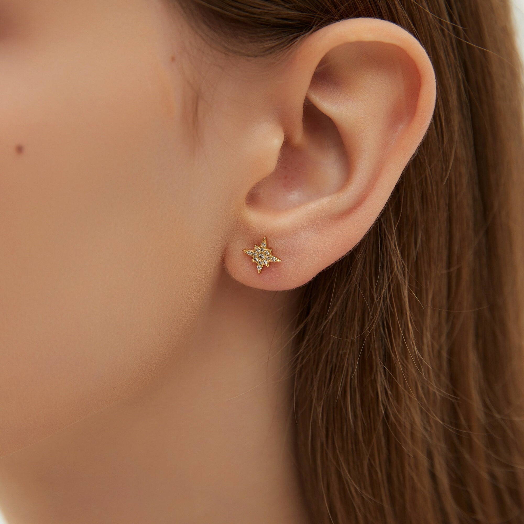 CZ North Star Studs Earrings, Minimal Gold or Silver Star Tragus Earring