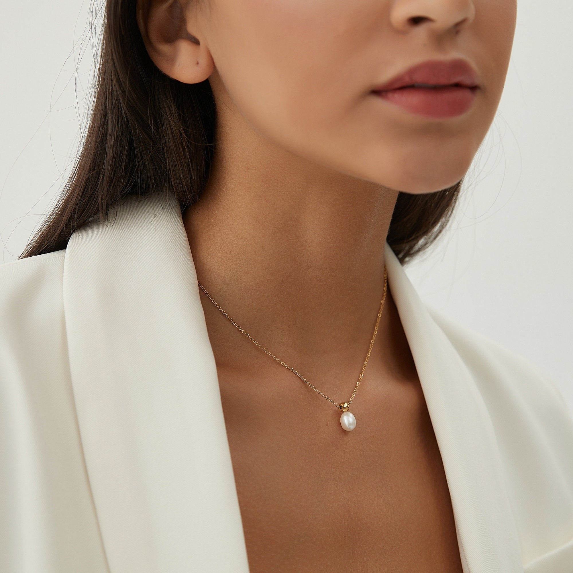 Dainty White Oval Freshwater Pearl and Gold Ball Choker Necklace