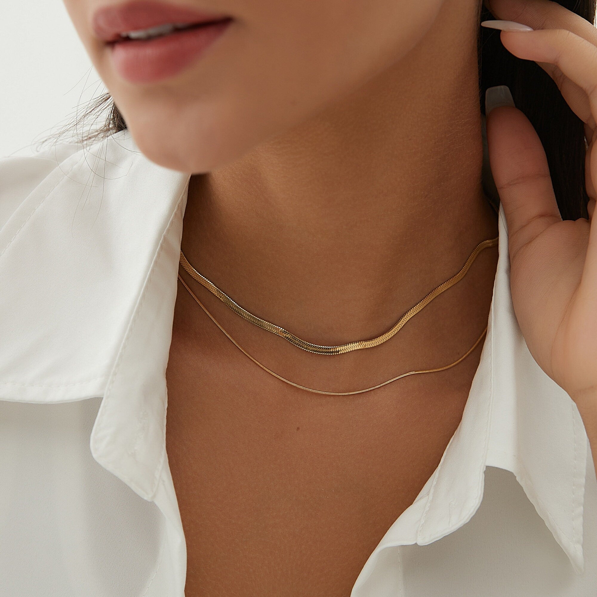 Dainty Gold Double Strands Thick and Thin Snake Choker, Gold Thin Herringbone Chaine Necklace