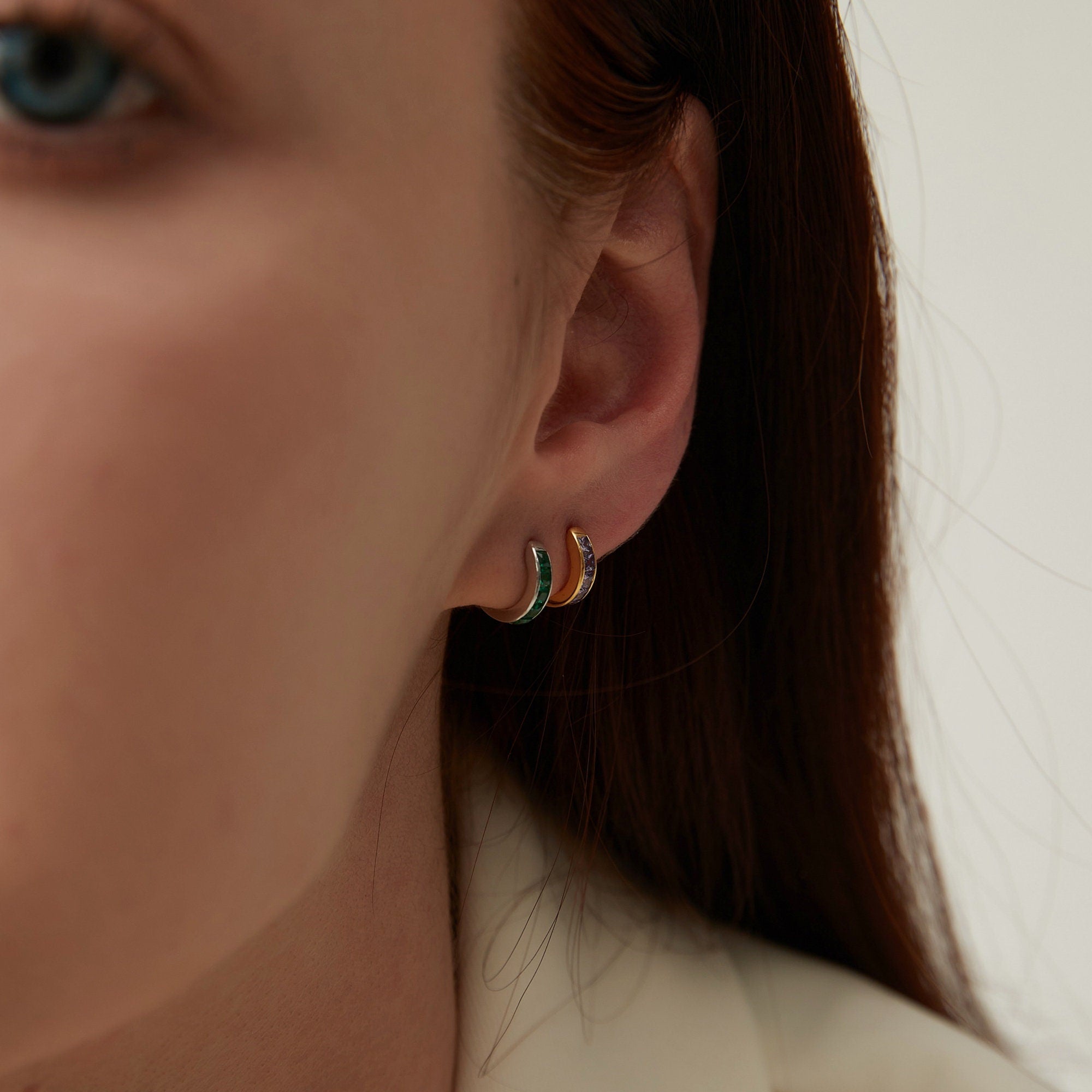 Chunky Gold and Silver Square Gemstone Huggie Hoop Earrings