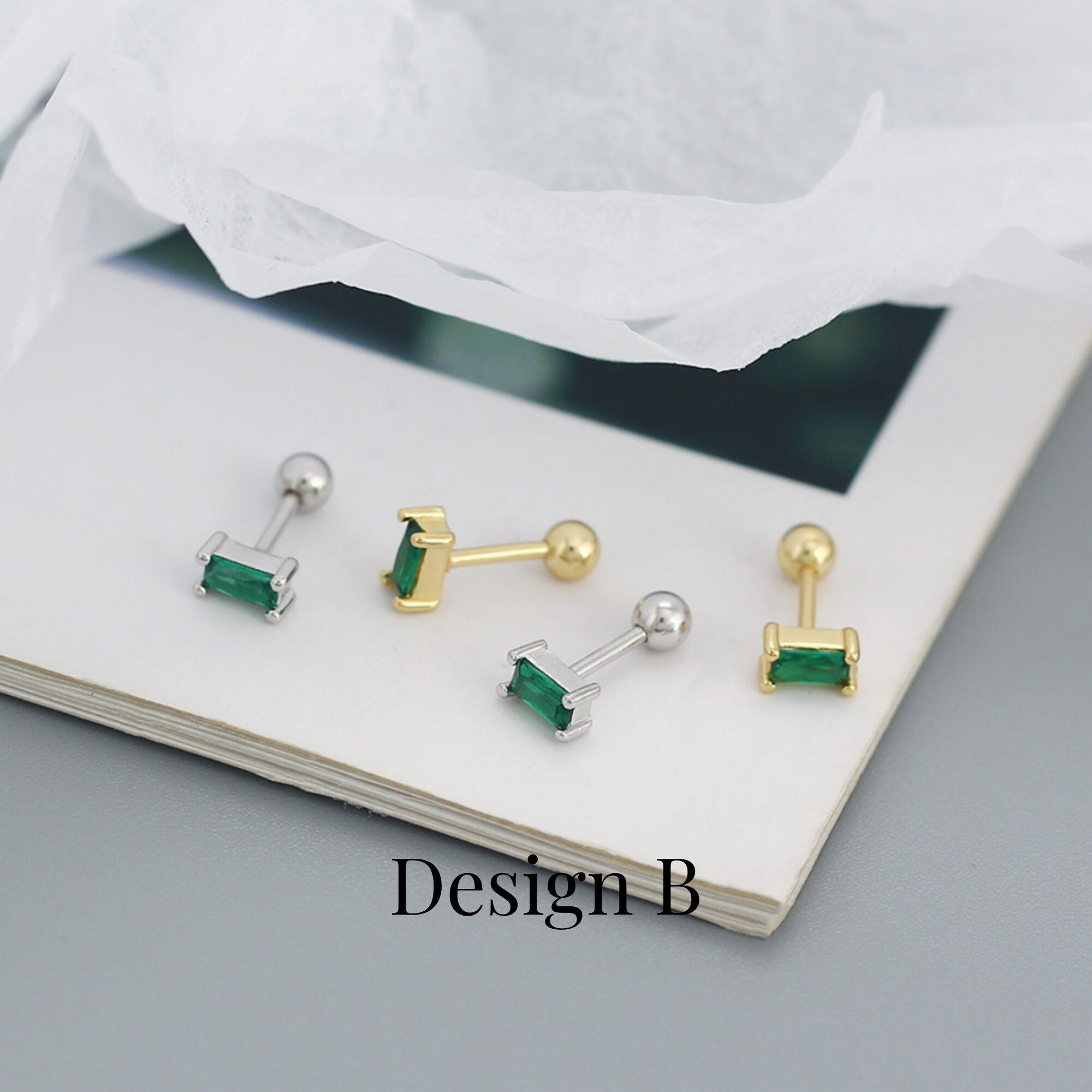 Gold or Silver Emerald imitation Huggie, Stud or Conch Non Piercing Ear Cuff Earrings, 3 Different Designs