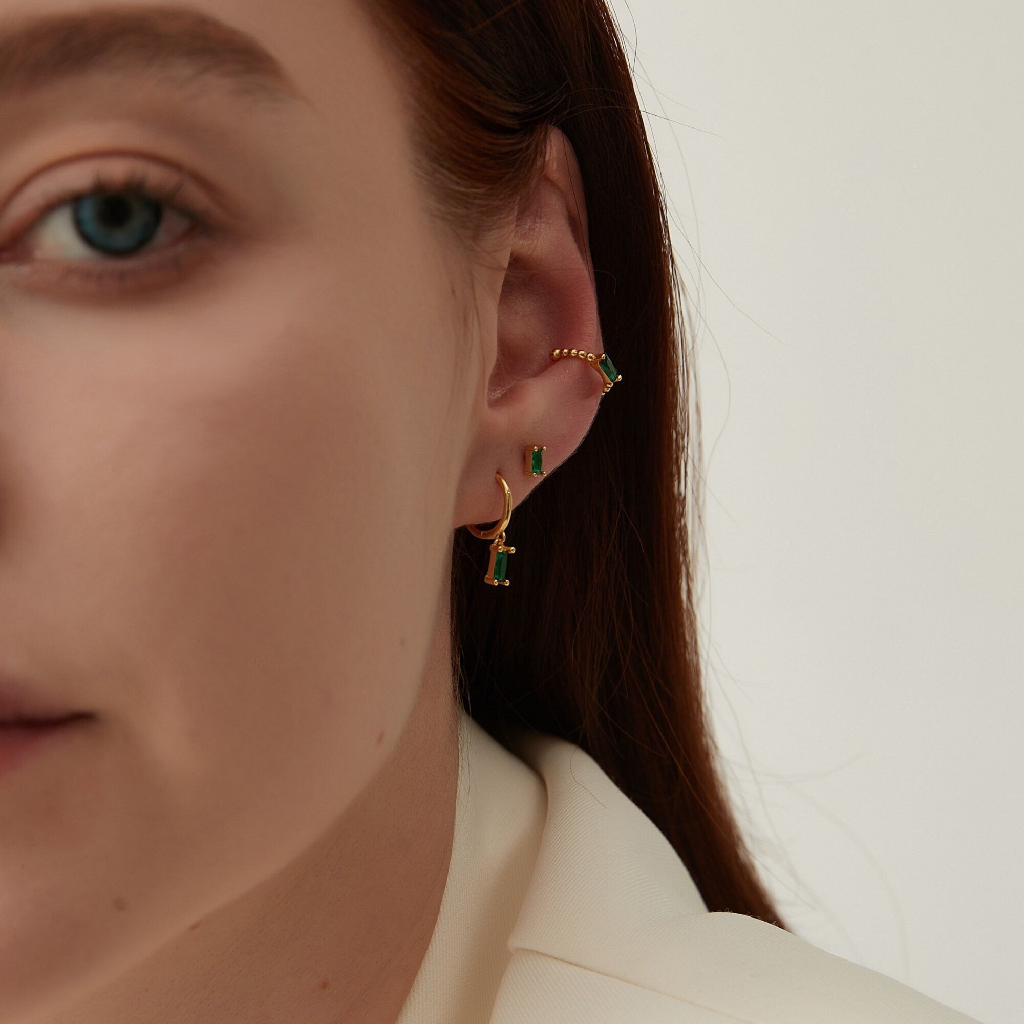 Gold or Silver Emerald imitation Huggie, Stud or Conch Non Piercing Ear Cuff Earrings, 3 Different Designs