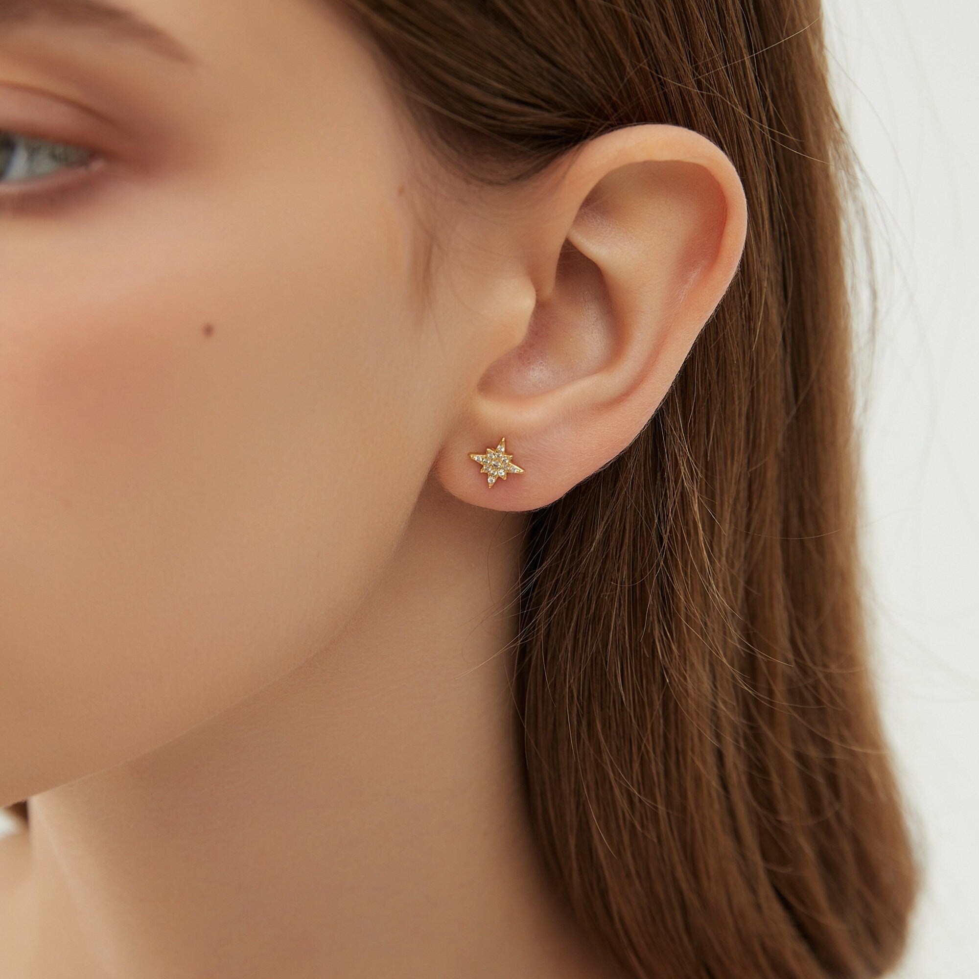 CZ North Star Studs Earrings, Minimal Gold or Silver Star Tragus Earring