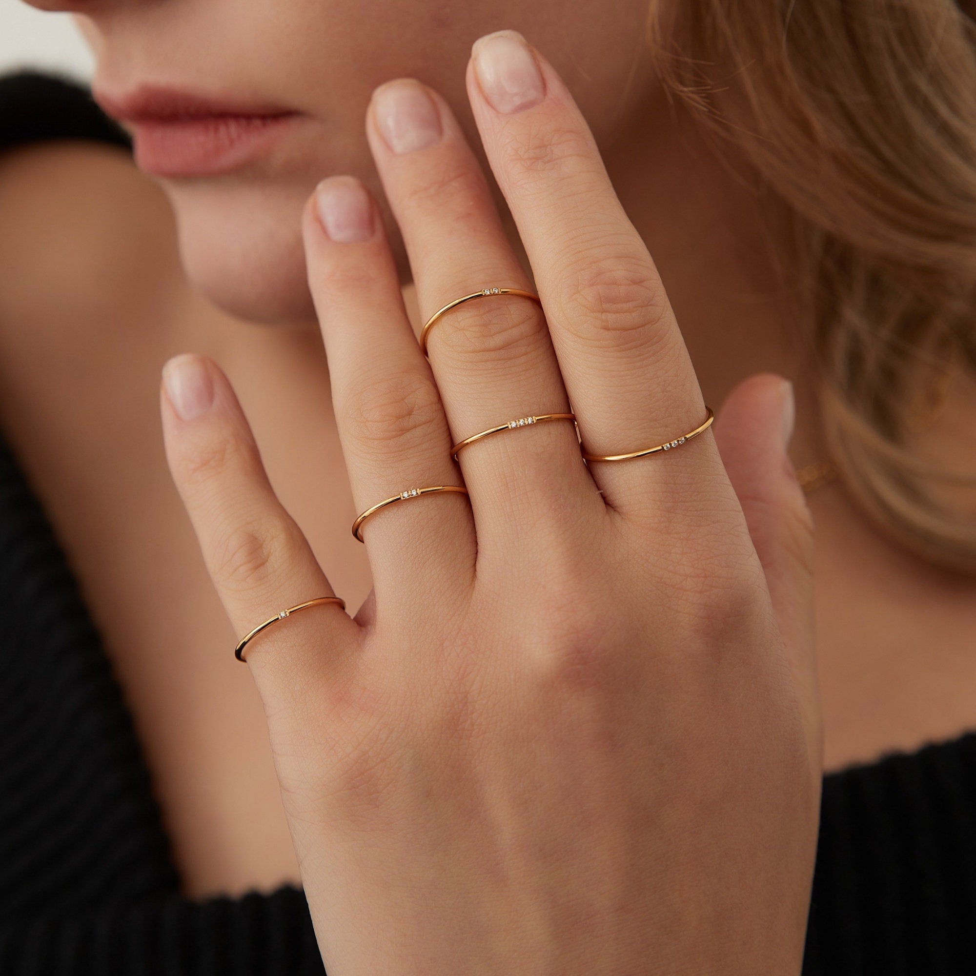 Bague Anneau Simple Zircon Imitation Diamond Ultra Fin plaqué or style minimaliste, Bague de phalange cadeau pour elle