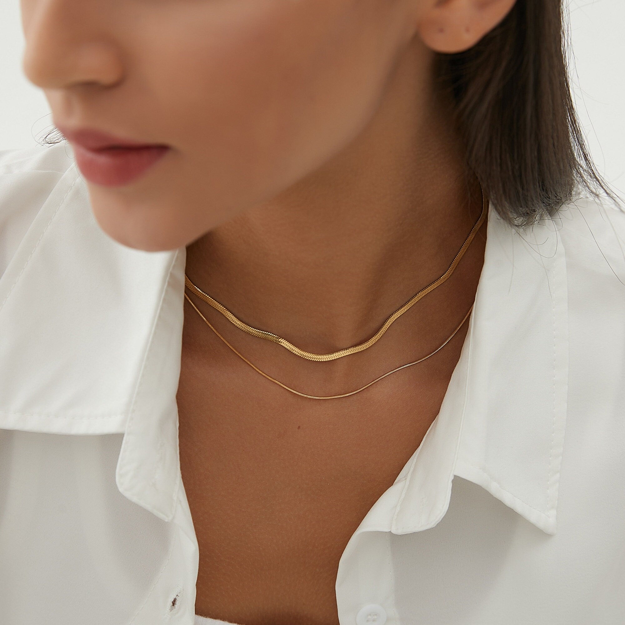 Dainty Gold Double Strands Thick and Thin Snake Choker, Gold Thin Herringbone Chaine Necklace