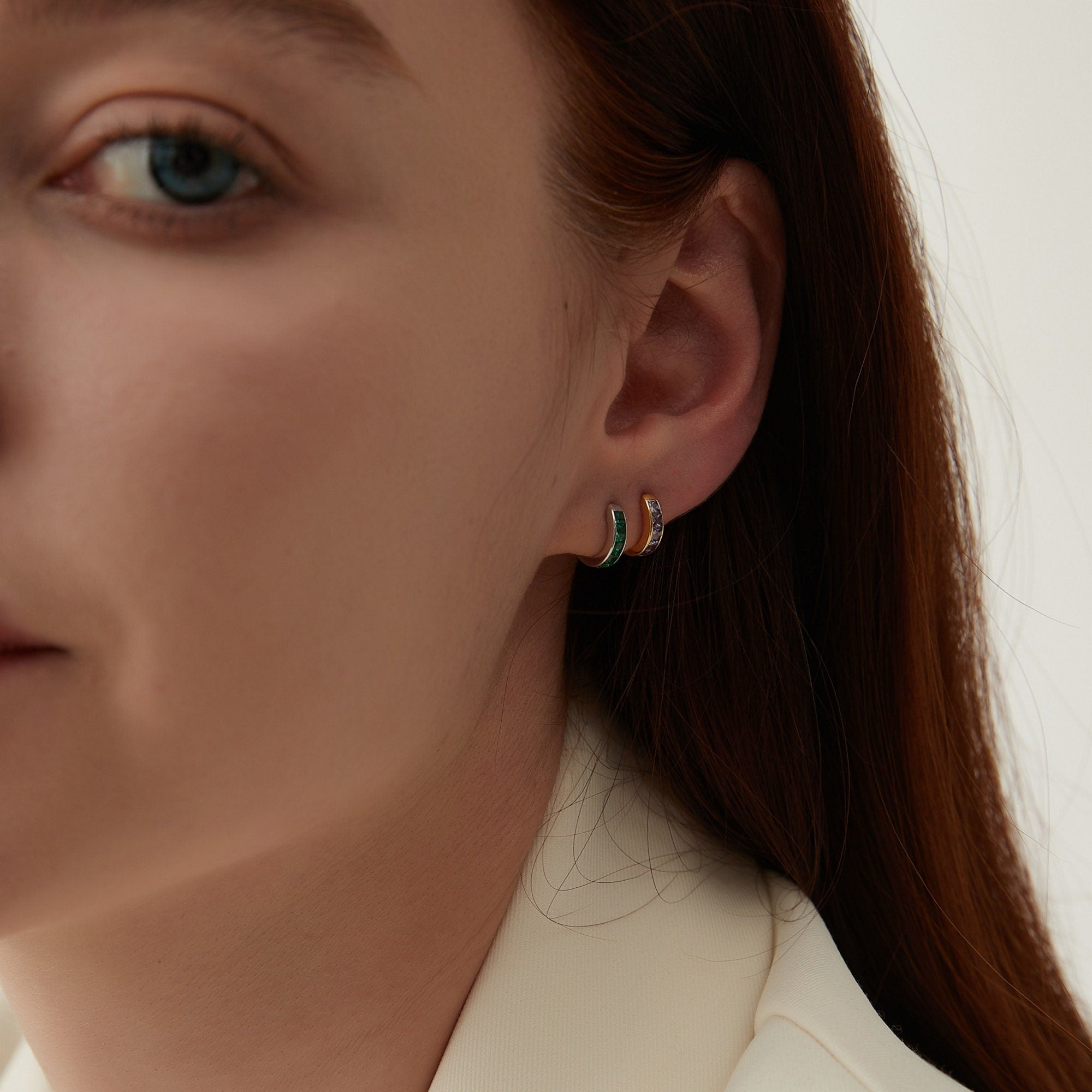 Chunky Gold and Silver Square Gemstone Huggie Hoop Earrings