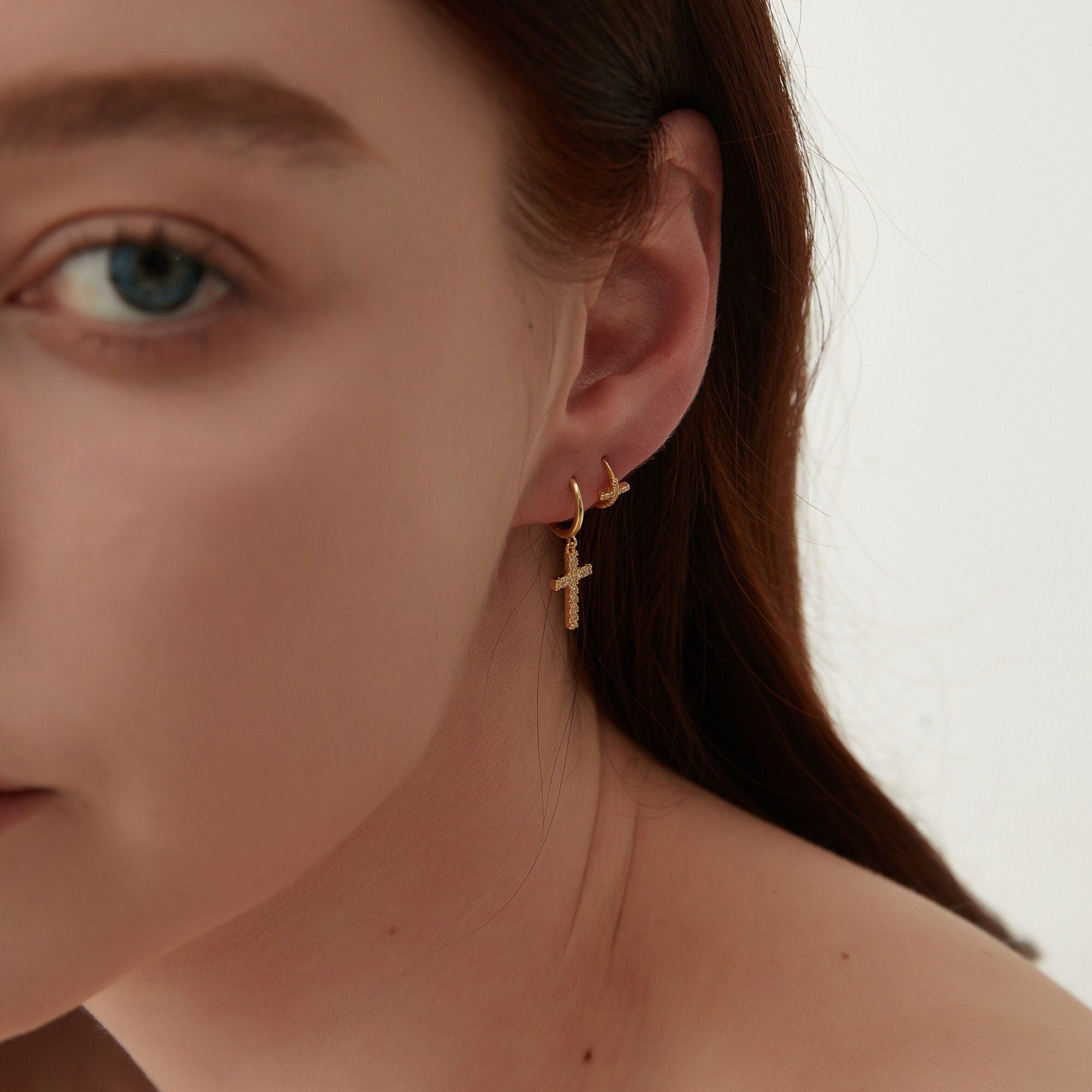 Small Cross CZ Gold Hoop Earrings, Dainty Cross Charm Huggie Hoop Earrings, Charm CZ Gold Tiny Hoops, Gifts for her