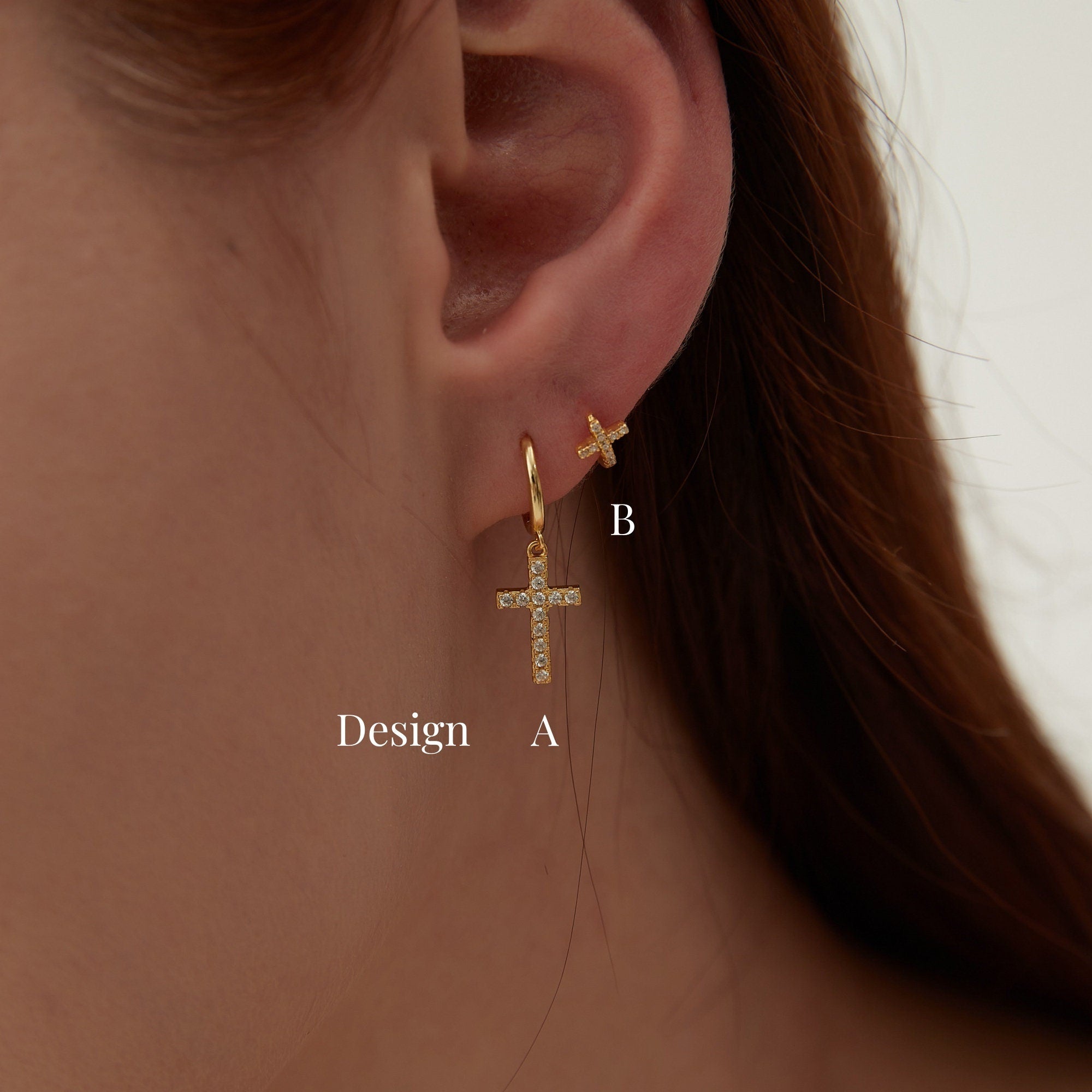 Small Cross CZ Gold Hoop Earrings, Dainty Cross Charm Huggie Hoop Earrings, Charm CZ Gold Tiny Hoops, Gifts for her