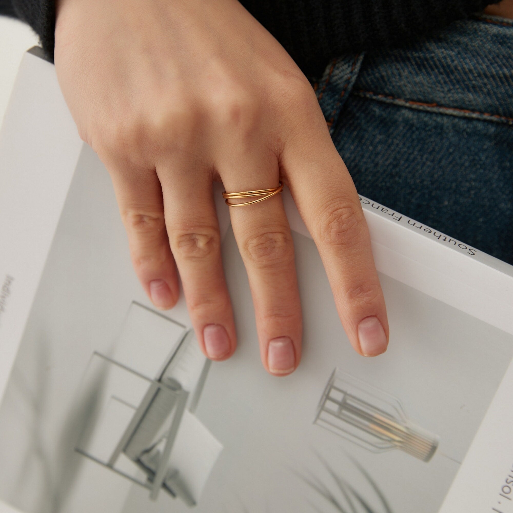 Dainty Gold Triple Band Ring, Gold Minimalist Rings for Women, Gold Minimal Stacking Ring