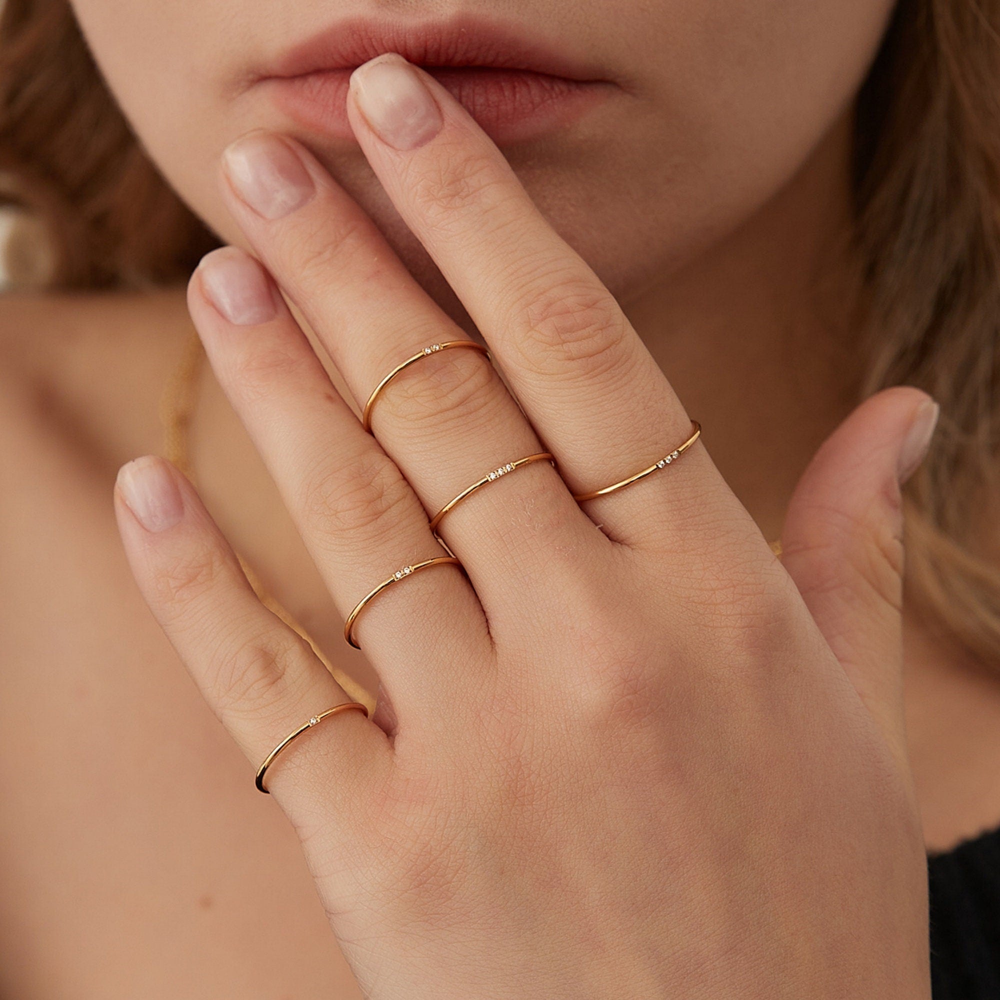 Bague Anneau Simple Zircon Imitation Diamond Ultra Fin plaqué or style minimaliste, Bague de phalange cadeau pour elle