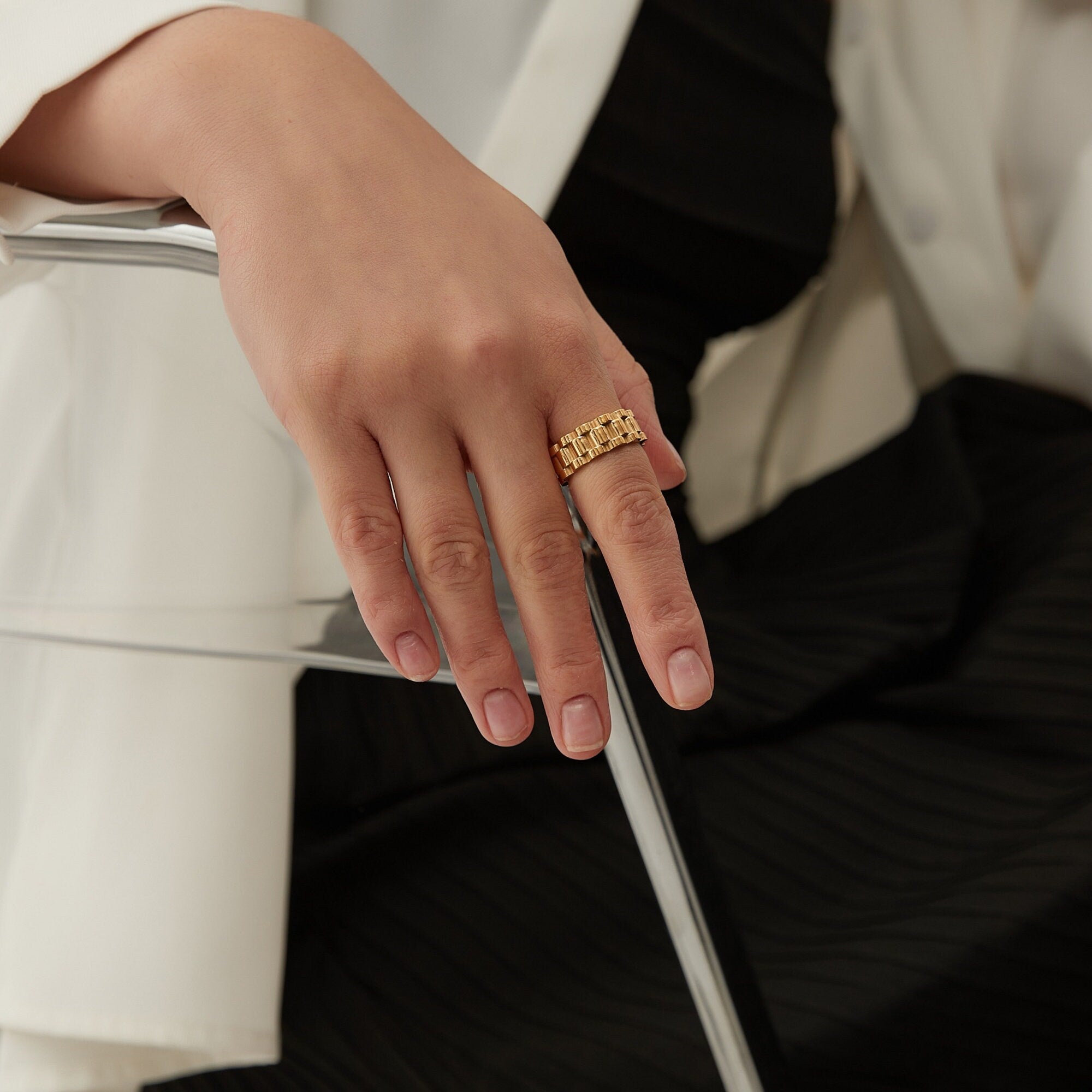 Bague Anneau Épaisse Forme et Texture Pneu Plaqué or Style Bohème, Bague de Phalange Épaisse Simple Or, Cadeau pour elle