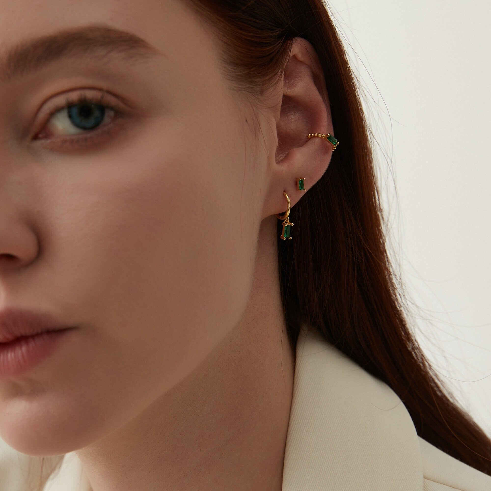 Gold or Silver Emerald imitation Huggie, Stud or Conch Non Piercing Ear Cuff Earrings, 3 Different Designs