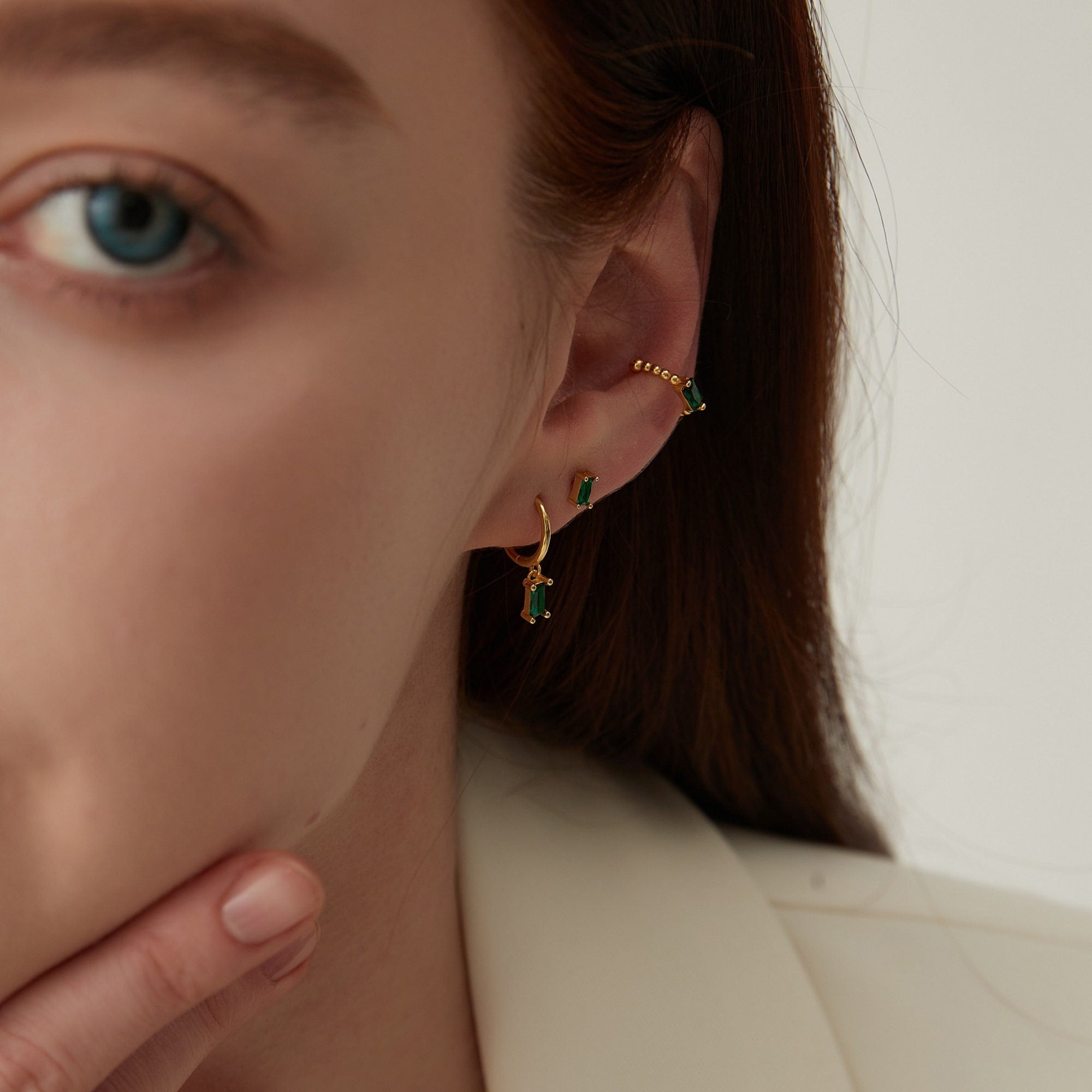 Gold or Silver Emerald imitation Huggie, Stud or Conch Non Piercing Ear Cuff Earrings, 3 Different Designs