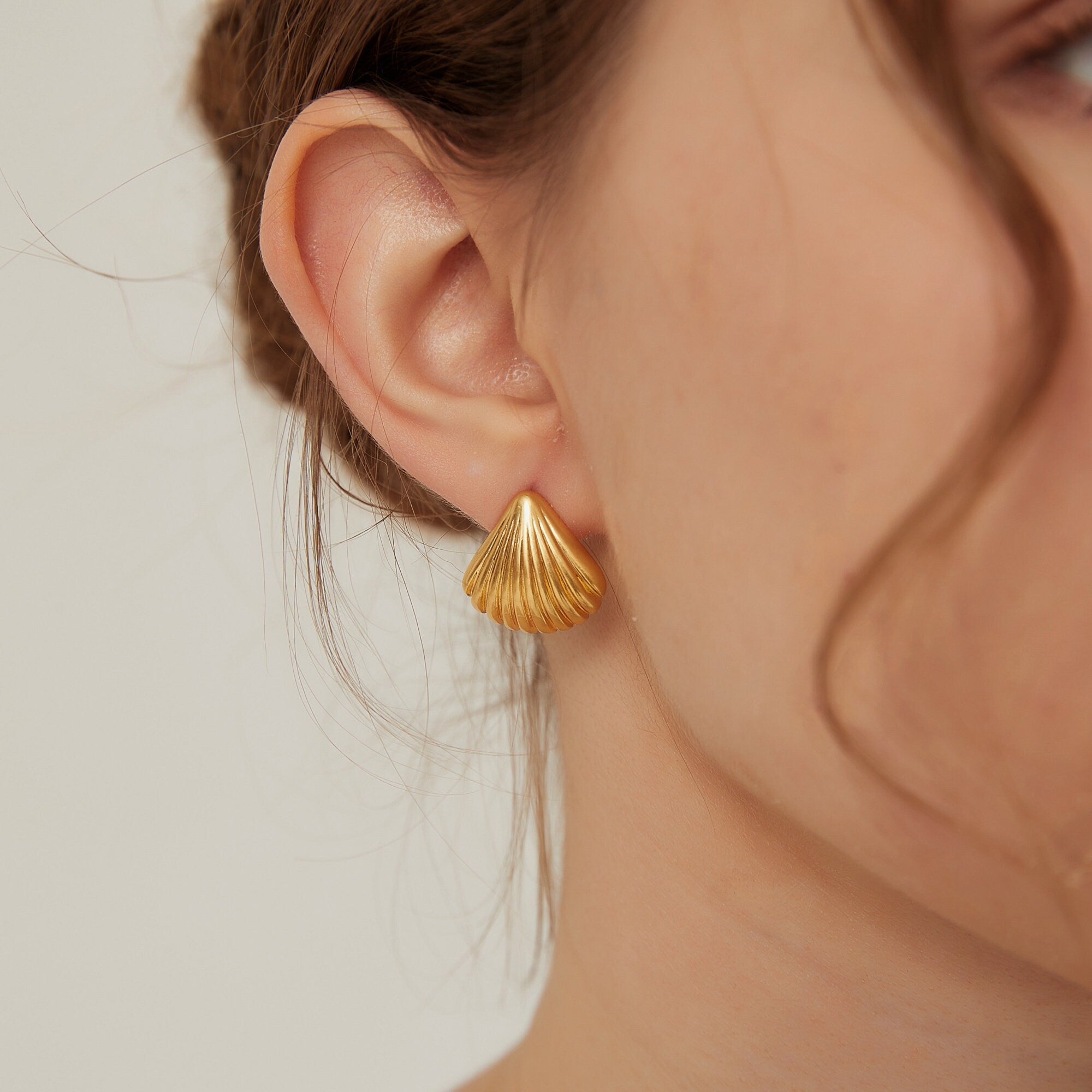Dainty Chunky Gold Or Silver Seashell Stud Earrings, Textured Gold or Silver Scallop Shell Statement Earrings