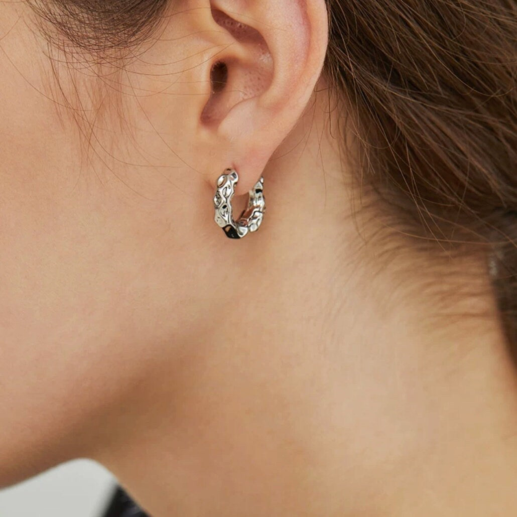 Chunky Hammered Gold or Silver Thick Hoop Earrings Boho Style