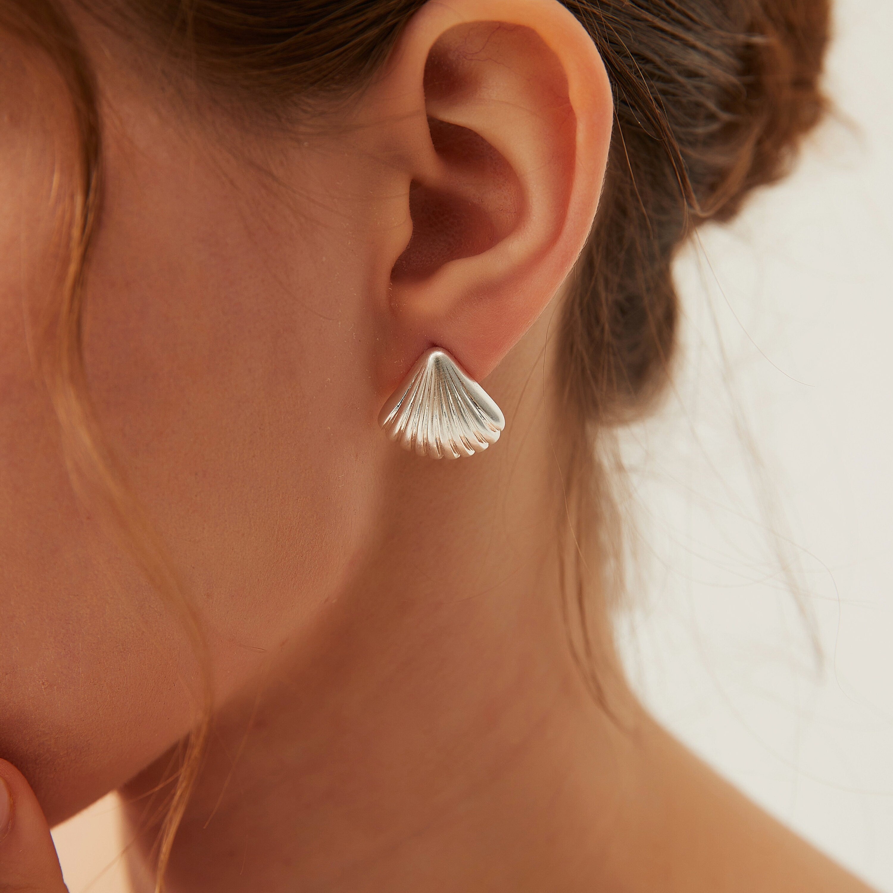 Dainty Chunky Gold Or Silver Seashell Stud Earrings, Textured Gold or Silver Scallop Shell Statement Earrings