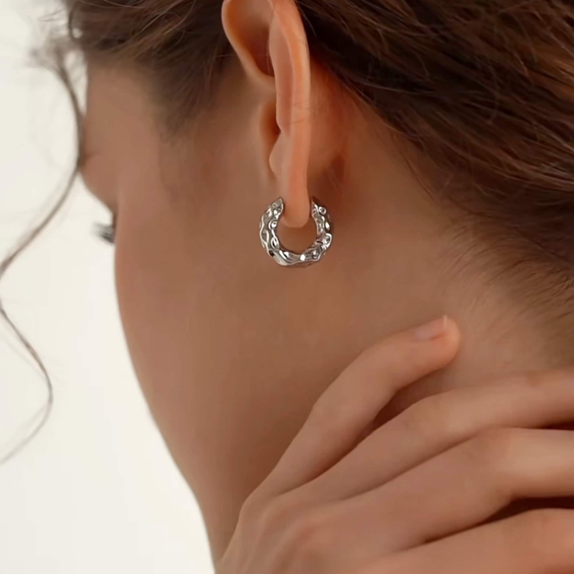 Chunky Hammered Gold or Silver Thick Hoop Earrings Boho Style