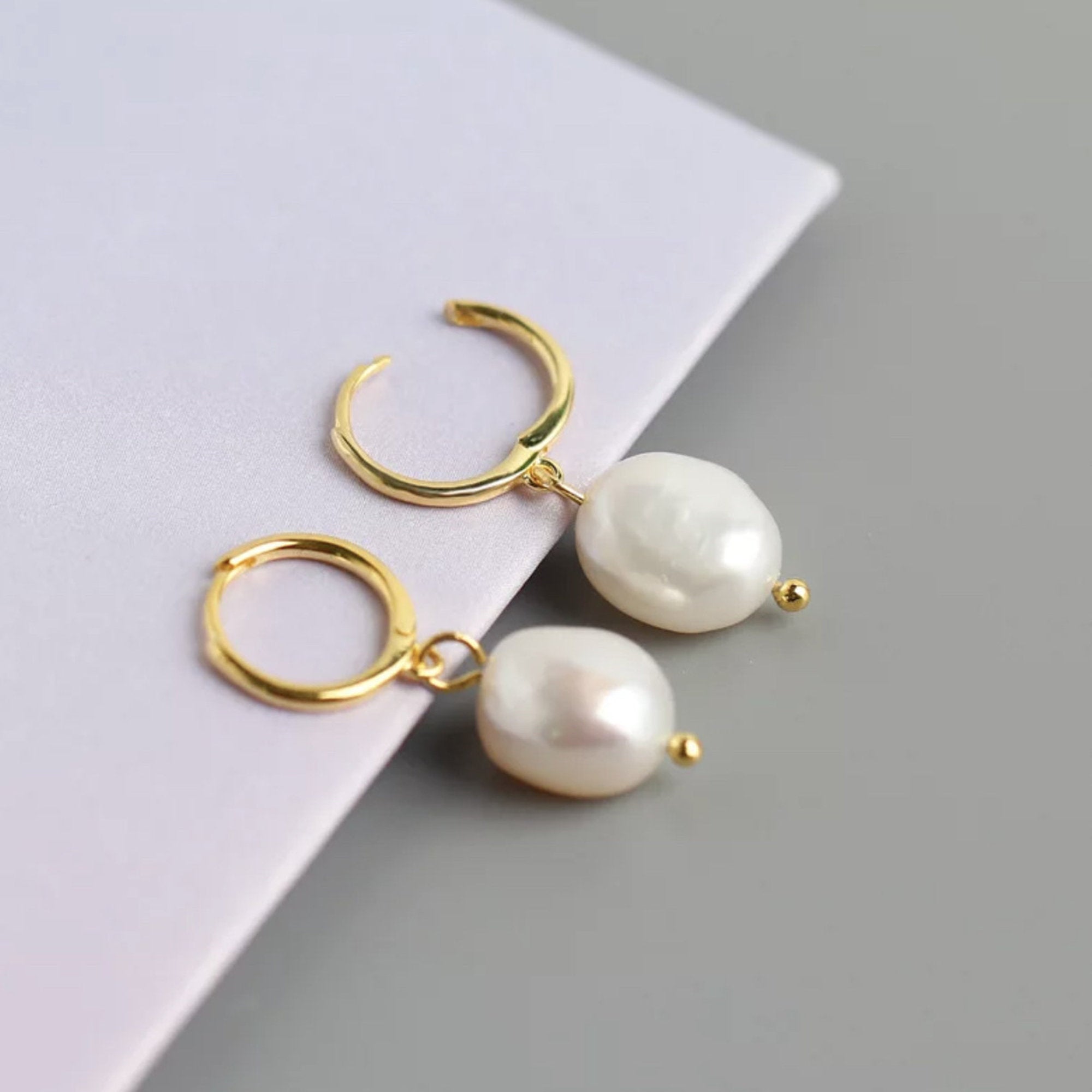 Mini Gold dangling Creole earrings with boho style cultured pearls, wedding jewelry, Valentine&