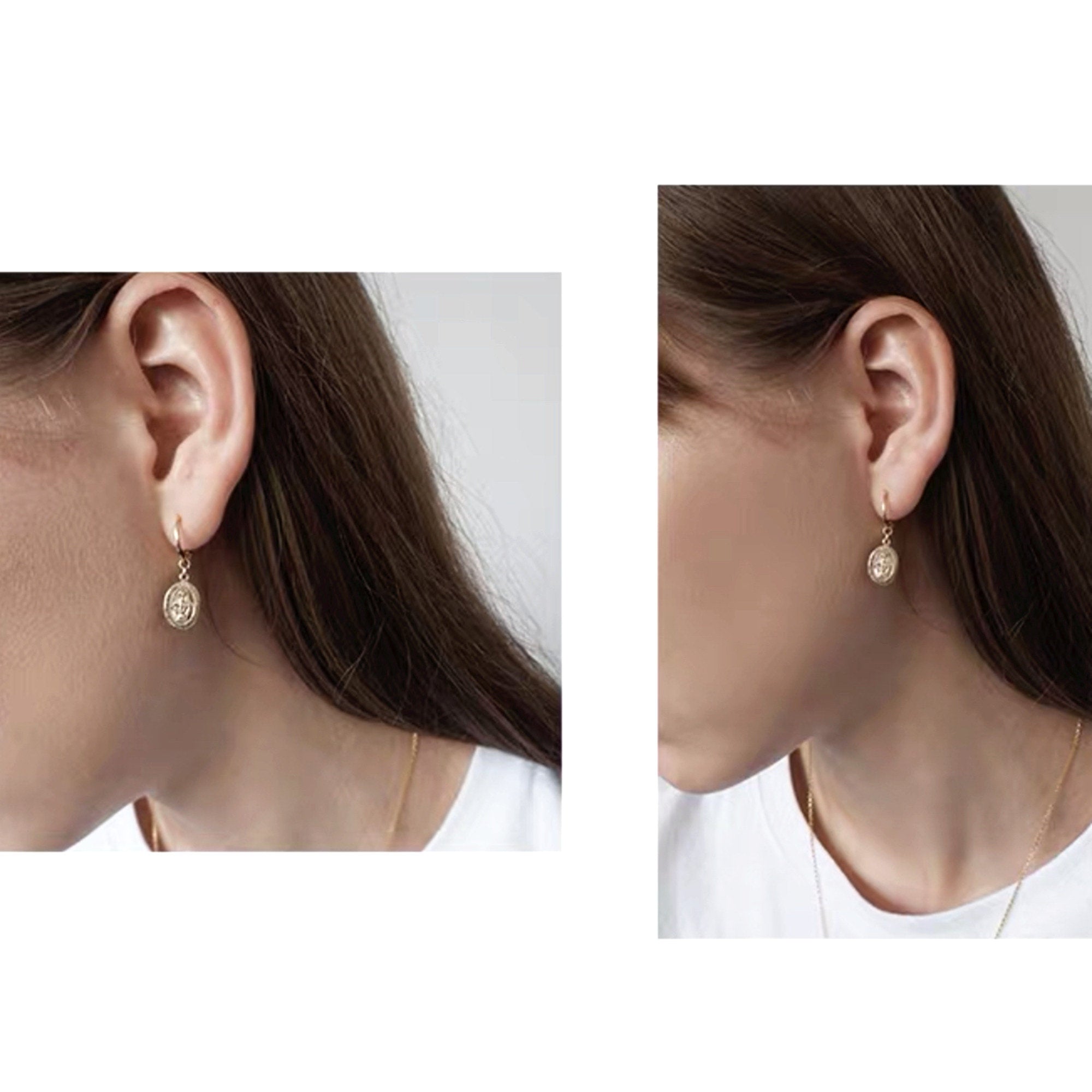 Small Gold Hoop Earrings dangling Miraculous Medal - gold-plated Catholic mini hoop earrings - gift for her