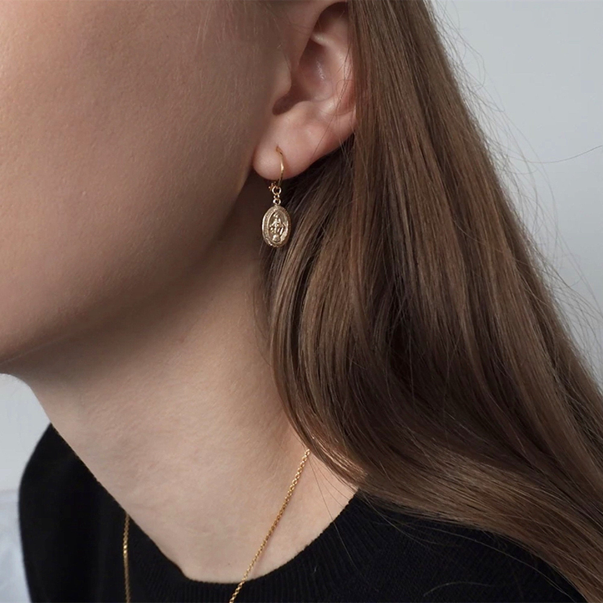 Small Gold Hoop Earrings dangling Miraculous Medal - gold-plated Catholic mini hoop earrings - gift for her