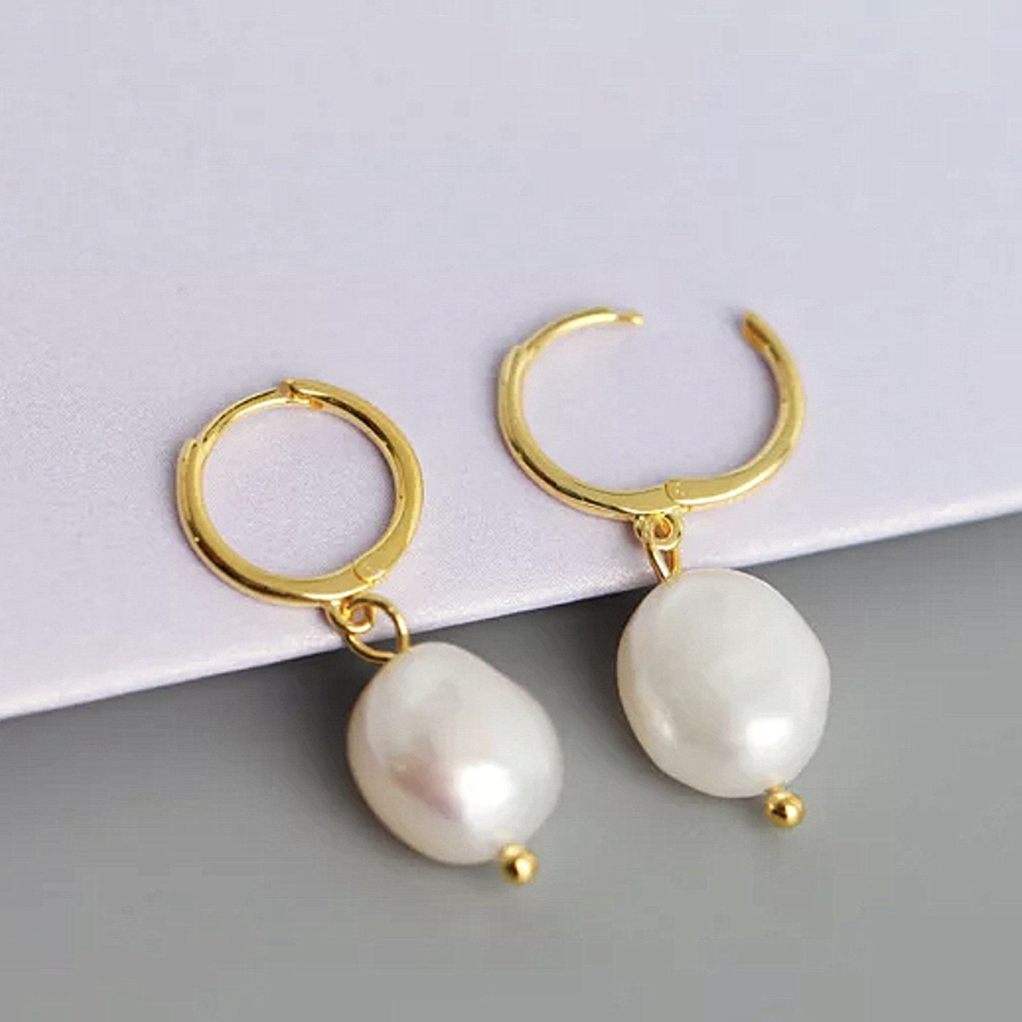 Mini Gold dangling Creole earrings with boho style cultured pearls, wedding jewelry, Valentine&