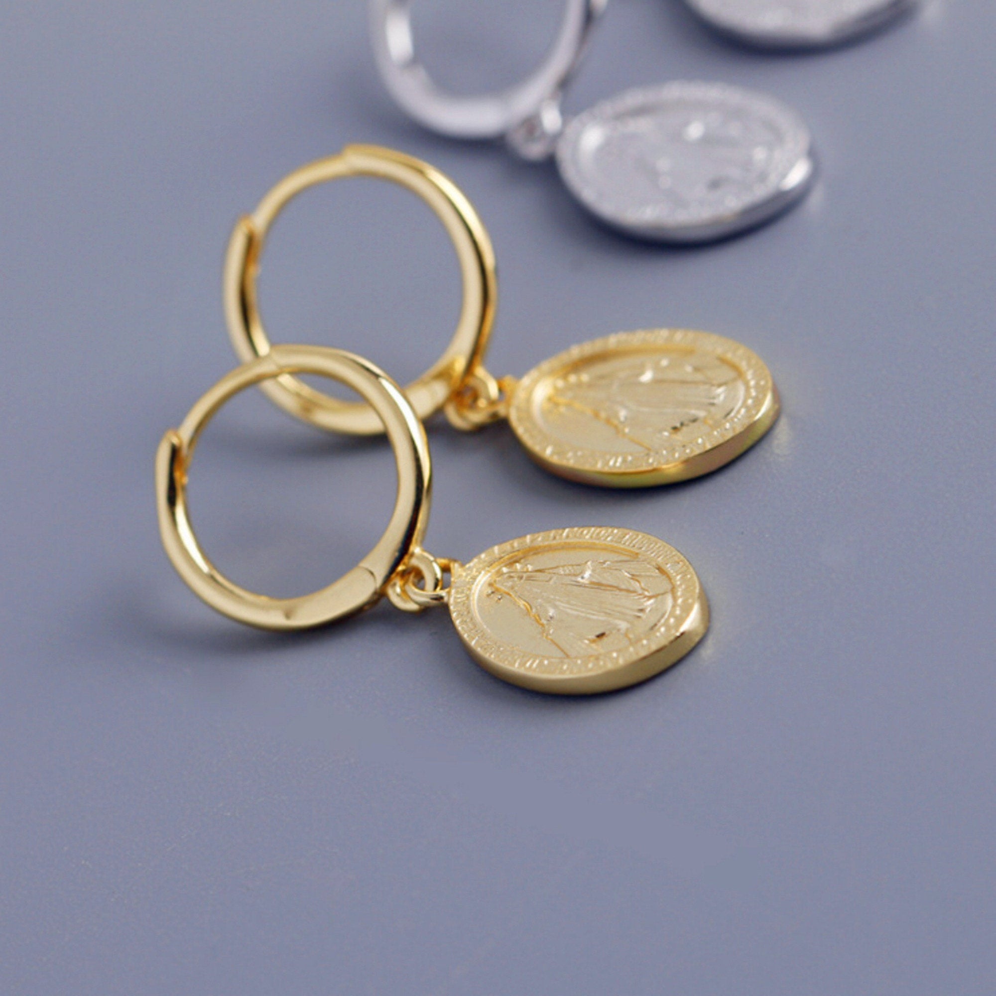Small Gold Hoop Earrings dangling Miraculous Medal - gold-plated Catholic mini hoop earrings - gift for her