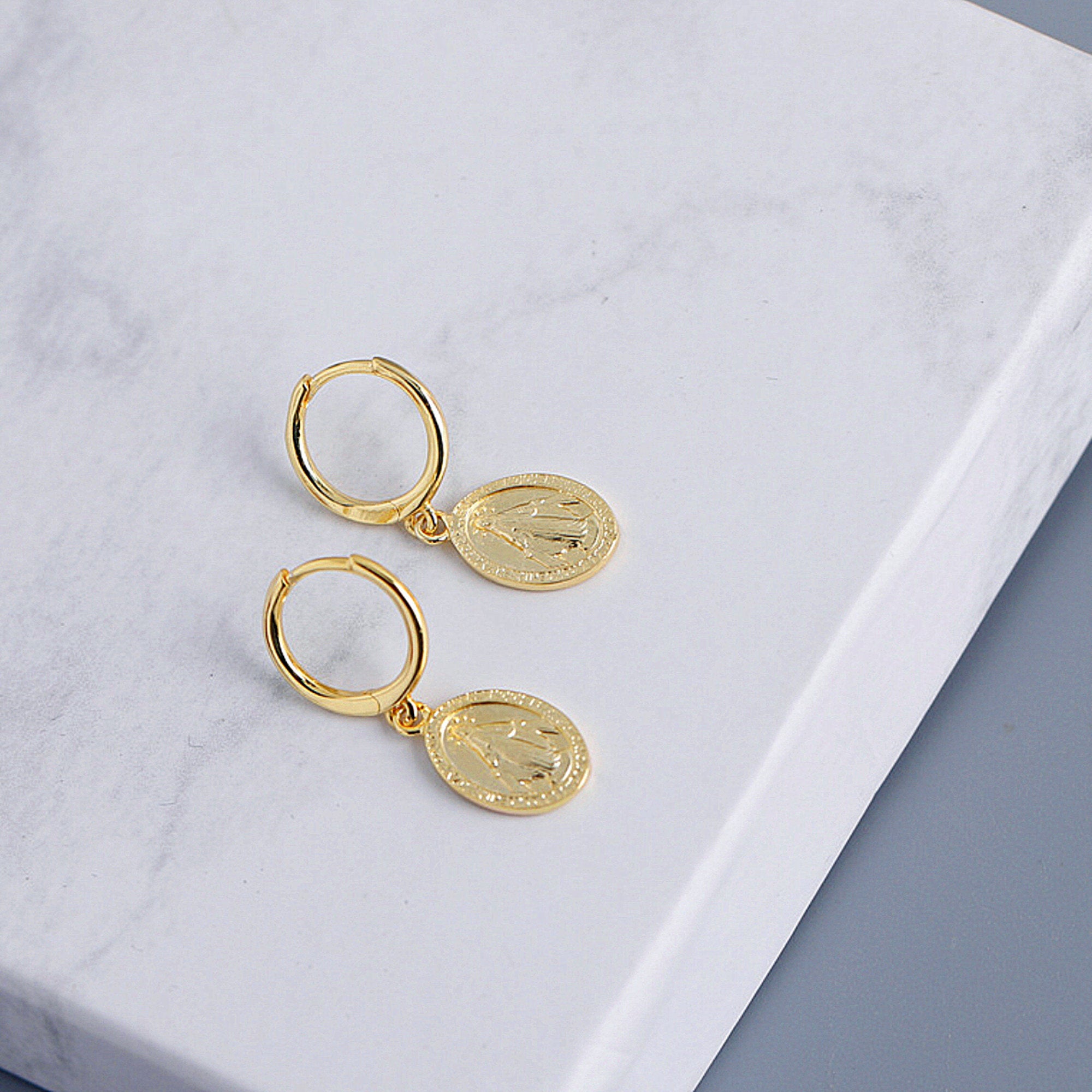 Small Gold Hoop Earrings dangling Miraculous Medal - gold-plated Catholic mini hoop earrings - gift for her
