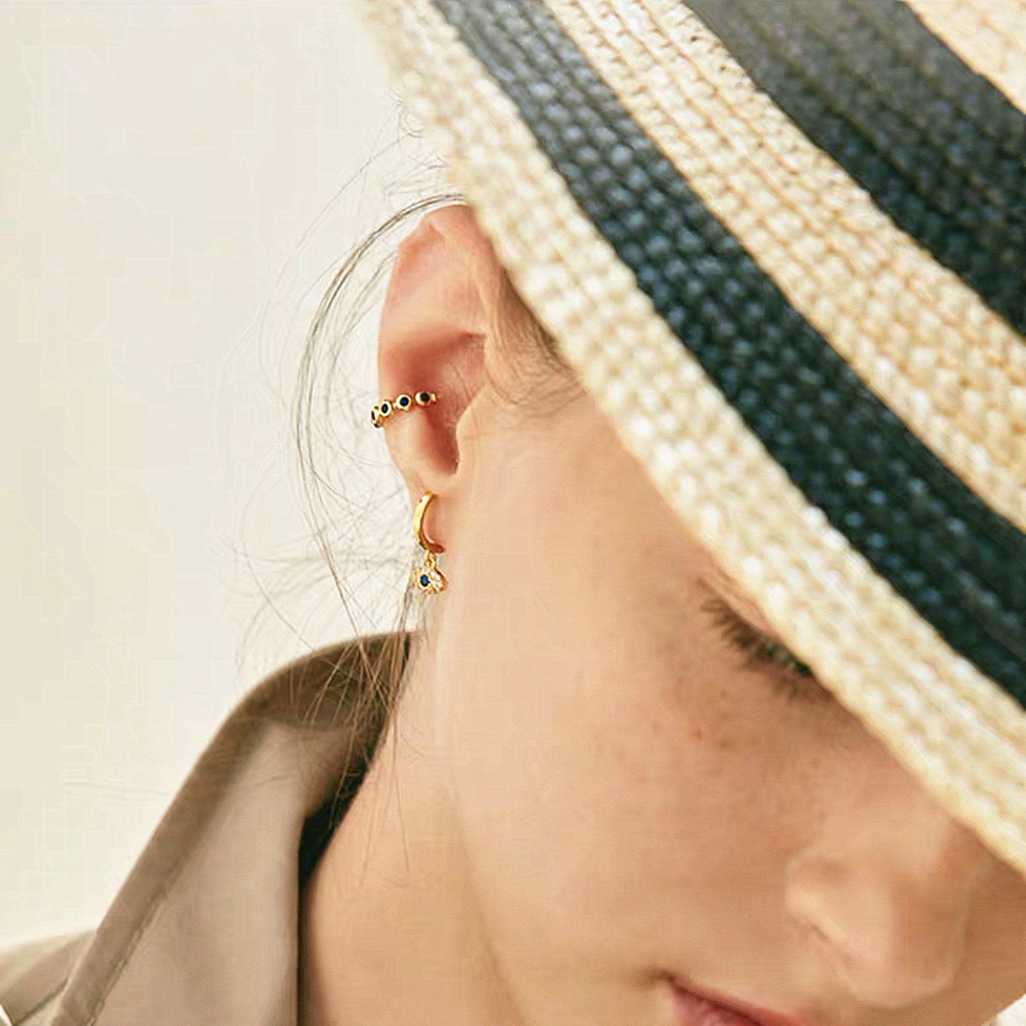 Small Mini Hoop Earrings Evil eye Blue Zircon Gold Plated boho style, Tiny Mini Hoop Huggie Earring, gift for her