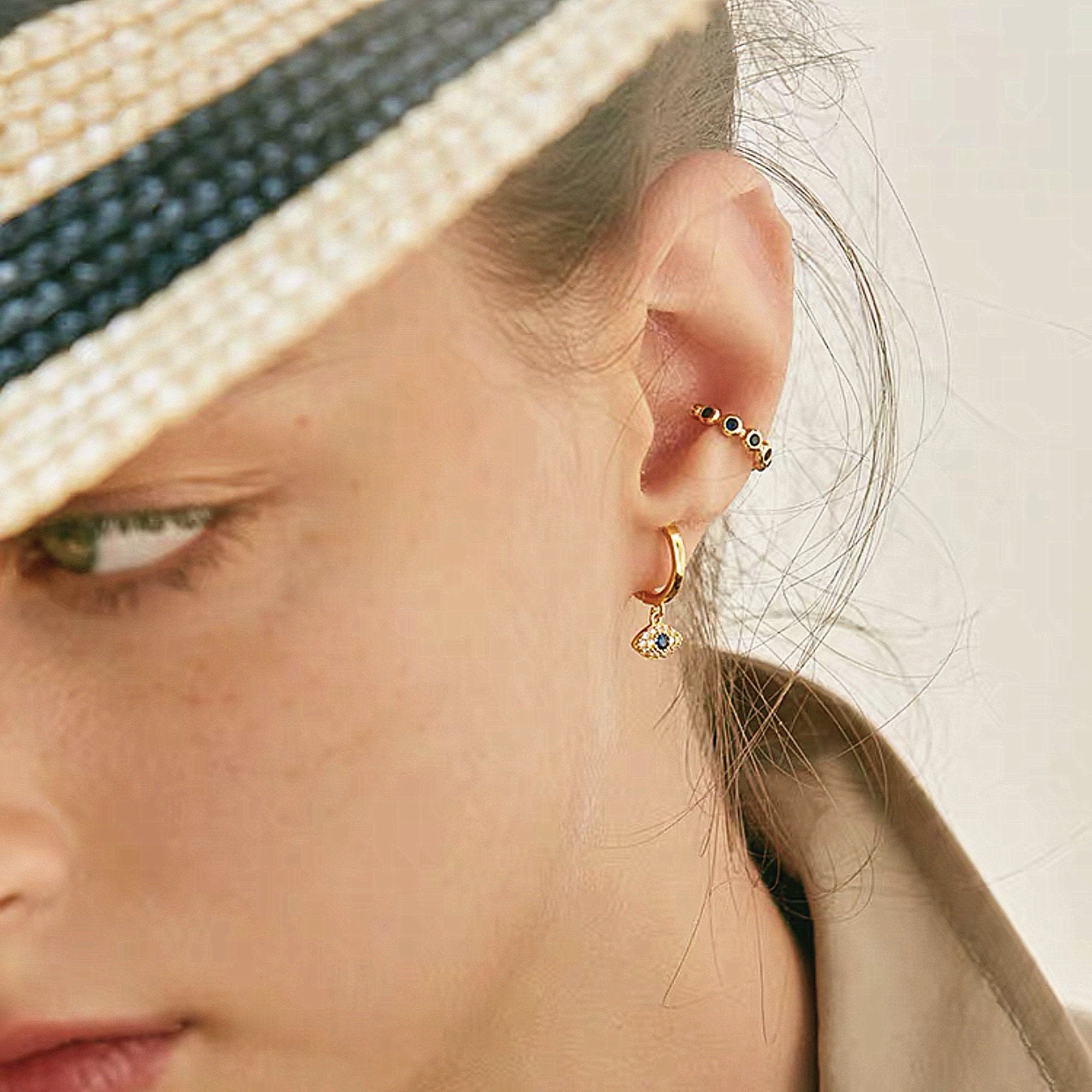 Small Mini Hoop Earrings Evil eye Blue Zircon Gold Plated boho style, Tiny Mini Hoop Huggie Earring, gift for her