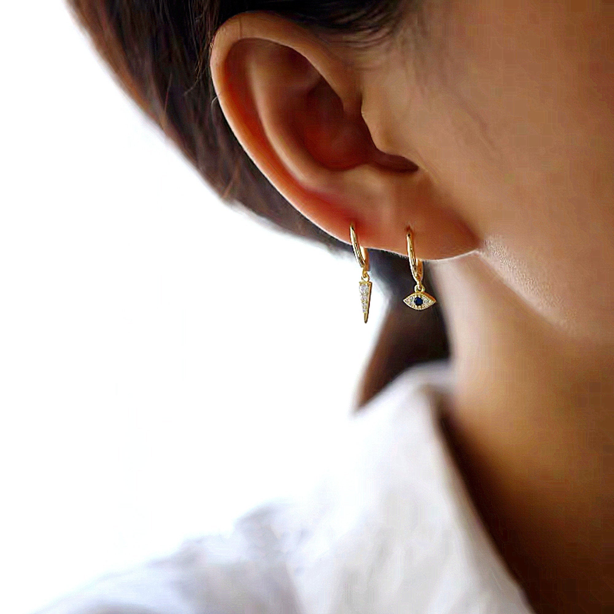 Small Mini Hoop Earrings Evil eye Blue Zircon Gold Plated boho style, Tiny Mini Hoop Huggie Earring, gift for her