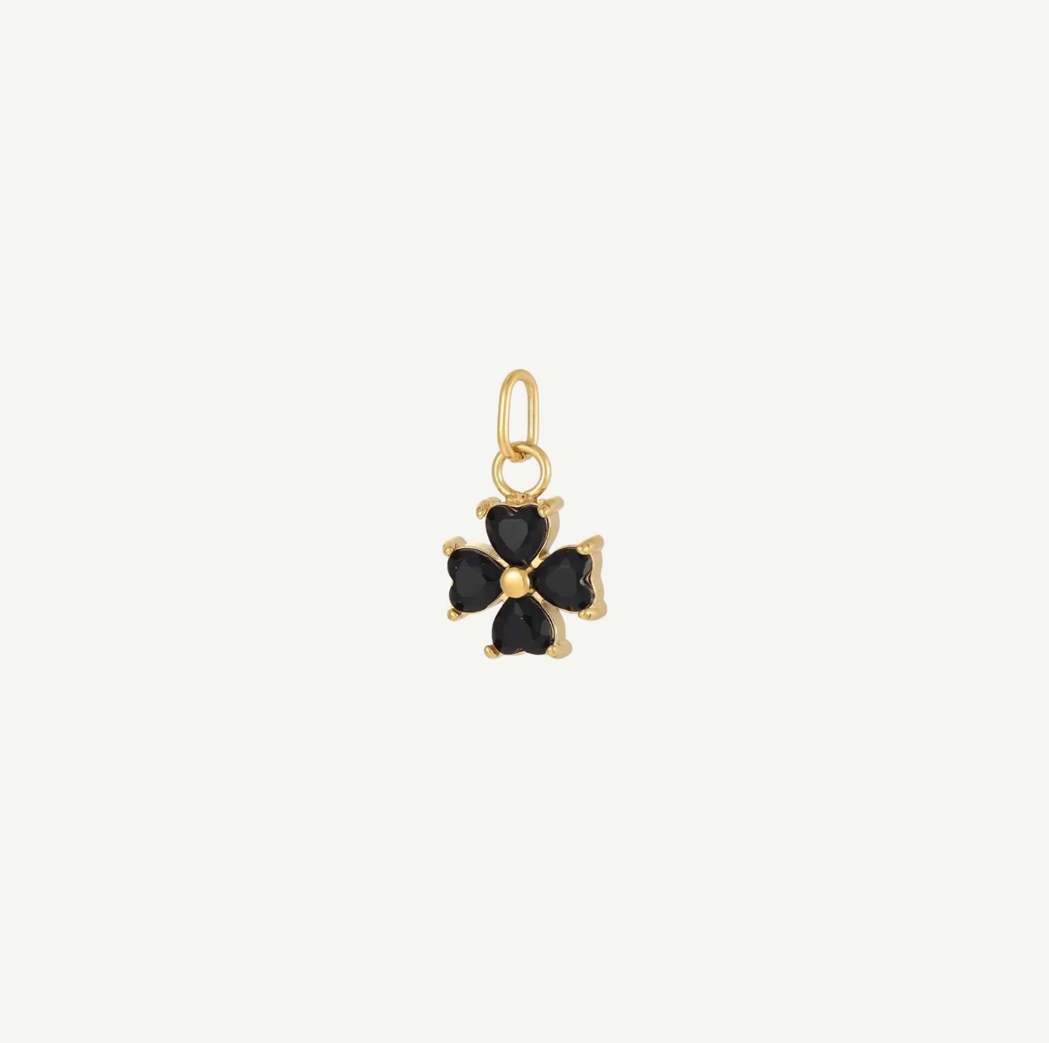 Charm Trèfle à Quatre Feuilles Zircon Noir Doré