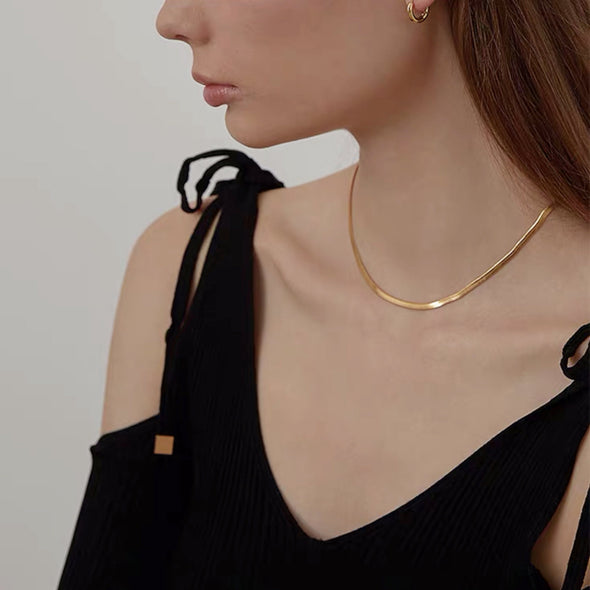 Dainty Gold Thick Snake Choker, Gold Flat Herringbone Chaine Necklace, Snake Chain Necklace, Dainty Layering Necklaces