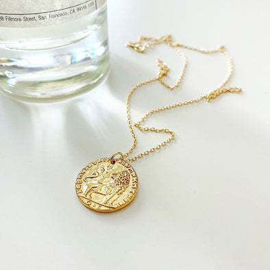 Dainty Gold Plated Lion Vintage Coin necklace, Gold Roman Coin Necklace, Bohemian Gold Medallion Necklace, Medallion Layering necklace