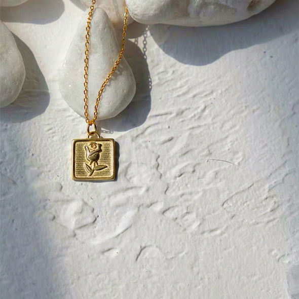 Vintage Gold Plated Rose Square Pendant Coin Necklace, Bohemian Gold Medallion Necklace, Square Pendant Layering necklace, "ROSA" Necklace