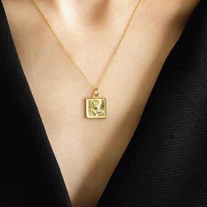 Vintage Gold Plated Rose Square Pendant Coin Necklace, Bohemian Gold Medallion Necklace, Square Pendant Layering necklace, "ROSA" Necklace