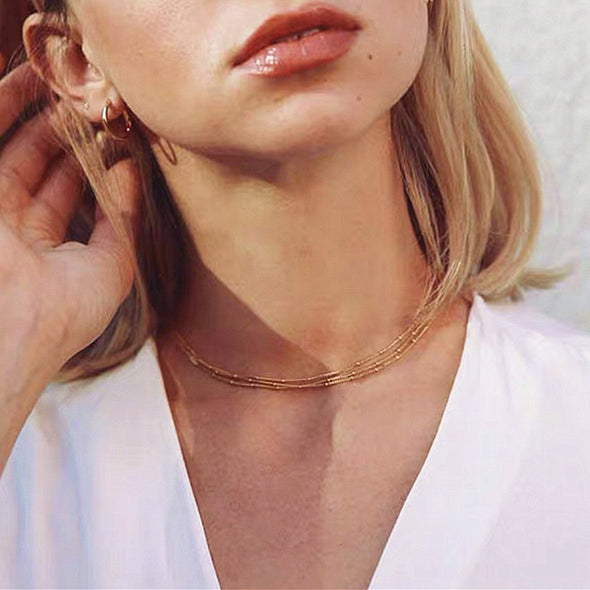 Gold Multi Strands Beaded Satellite Chain Necklace Choker, Delicate Layering Necklace, Minimalist Simple Chain Necklace, "Doris" Necklace