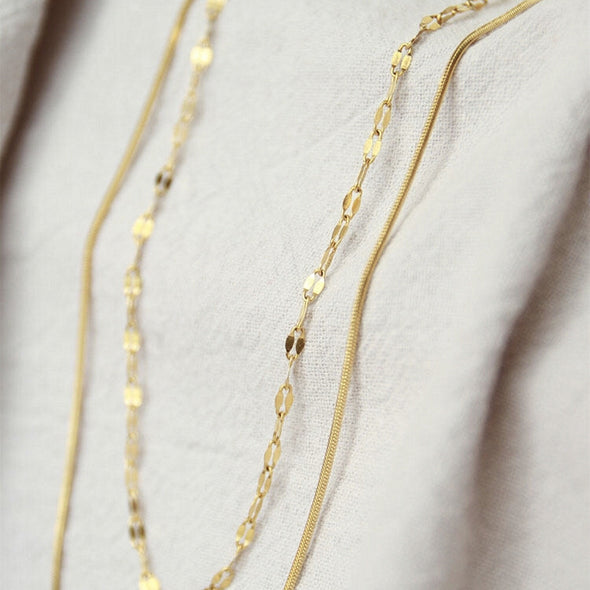 Gold Double Strands Thin Snake and Twisted Choker, Gold Thin Herringbone Chaine Necklace, Dainty Layering Necklaces, "Helen" Necklace