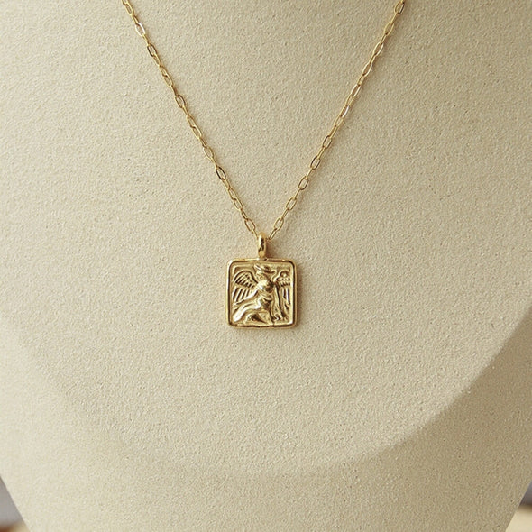Vintage Gold Plated Angel Square Pendant Coin Necklace, Bohemian Gold Medallion Necklace, Square Pendant Layering necklace, "ANGEL" Necklace