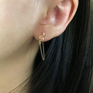 Gold CZ Snake Chain Earrings, Dainty Chain Earrings, Bar Ear Threader String
