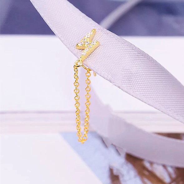 Gold CZ Lightning bolt Chain Earrings, Dainty Chain Earrings, Bar Ear Threader String