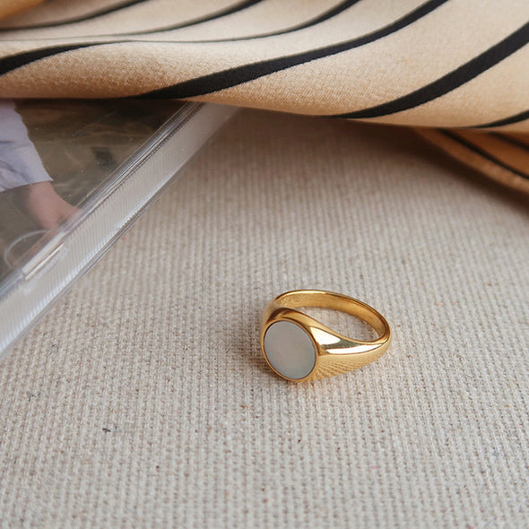 Gold Plated Round White Mother of Pearl Signet Ring, Dainty White Shell Band Ring, Gold White Pinky Gold Ring