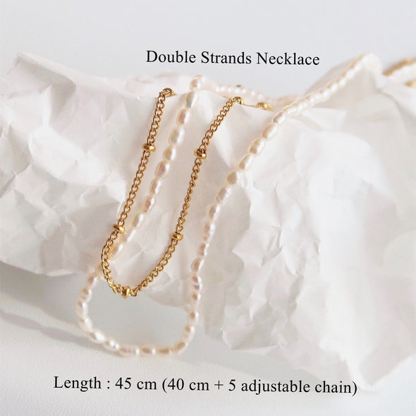Double Strands ChaIne Choker Neclace "Elya", Gold Beaded Satellite and White Baroque Pearl Layering Necklace With Boho Style