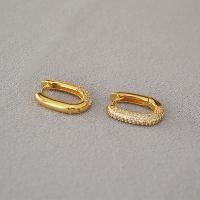 Gold and Silver CZ Ovale Shaped Chunky Hoop Earrings Minimalist Style
