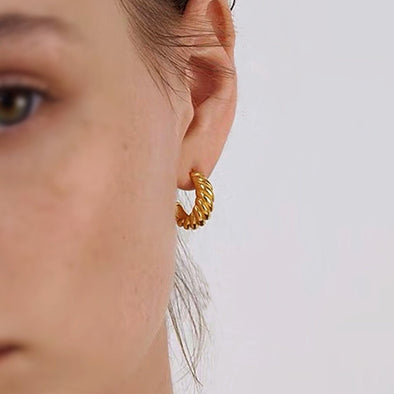 Hoop Earrings "Viola", Dainty Gold Croissant Dome Hoop Earrings, Gold Plated Twisted Earrings