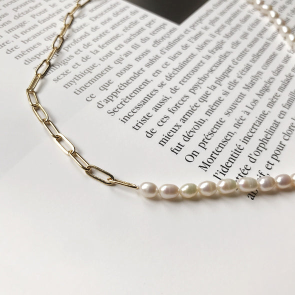 Dainty Half White Oval Pearl Half Gold Plated Box Chain Choker Necklace 