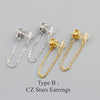 Gold and Silver CZ or Pearl Star Chain Earrings, Dainty Moon Bar Ear Threader String
