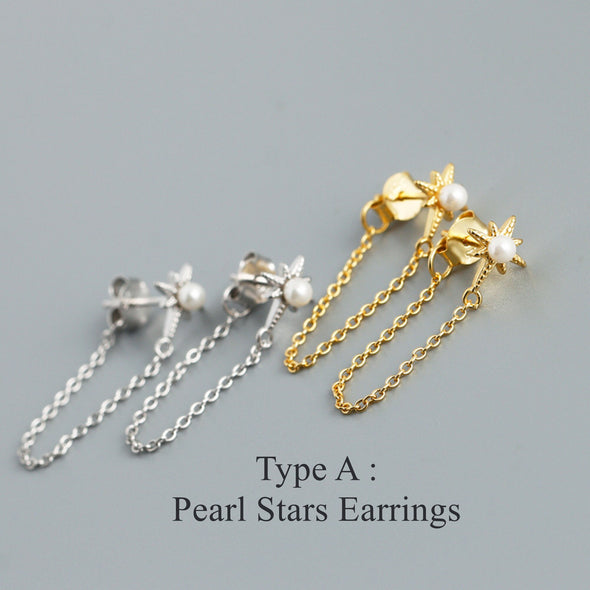 Gold and Silver CZ or Pearl Star Chain Earrings, Dainty Moon Bar Ear Threader String