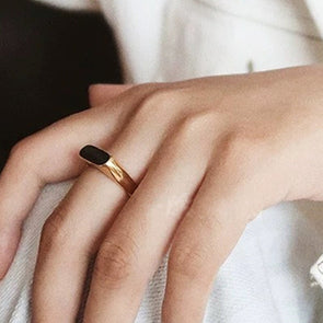 Gold Rectangle White Mother of Pearl or Enamel Black Signet Ring